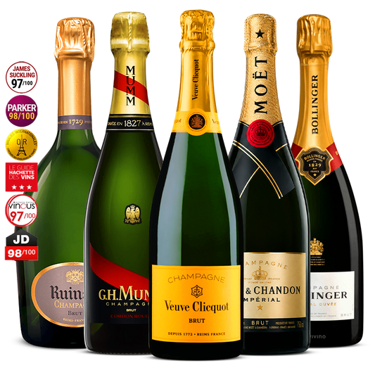 5 Champagne Set: Veuve Clicquot Brut, Moët & Chandon Impérial, Bollinger Special Cuvée, G.H. Mumm Cordon Rouge & Ruinart Brut 5x 750 ml
